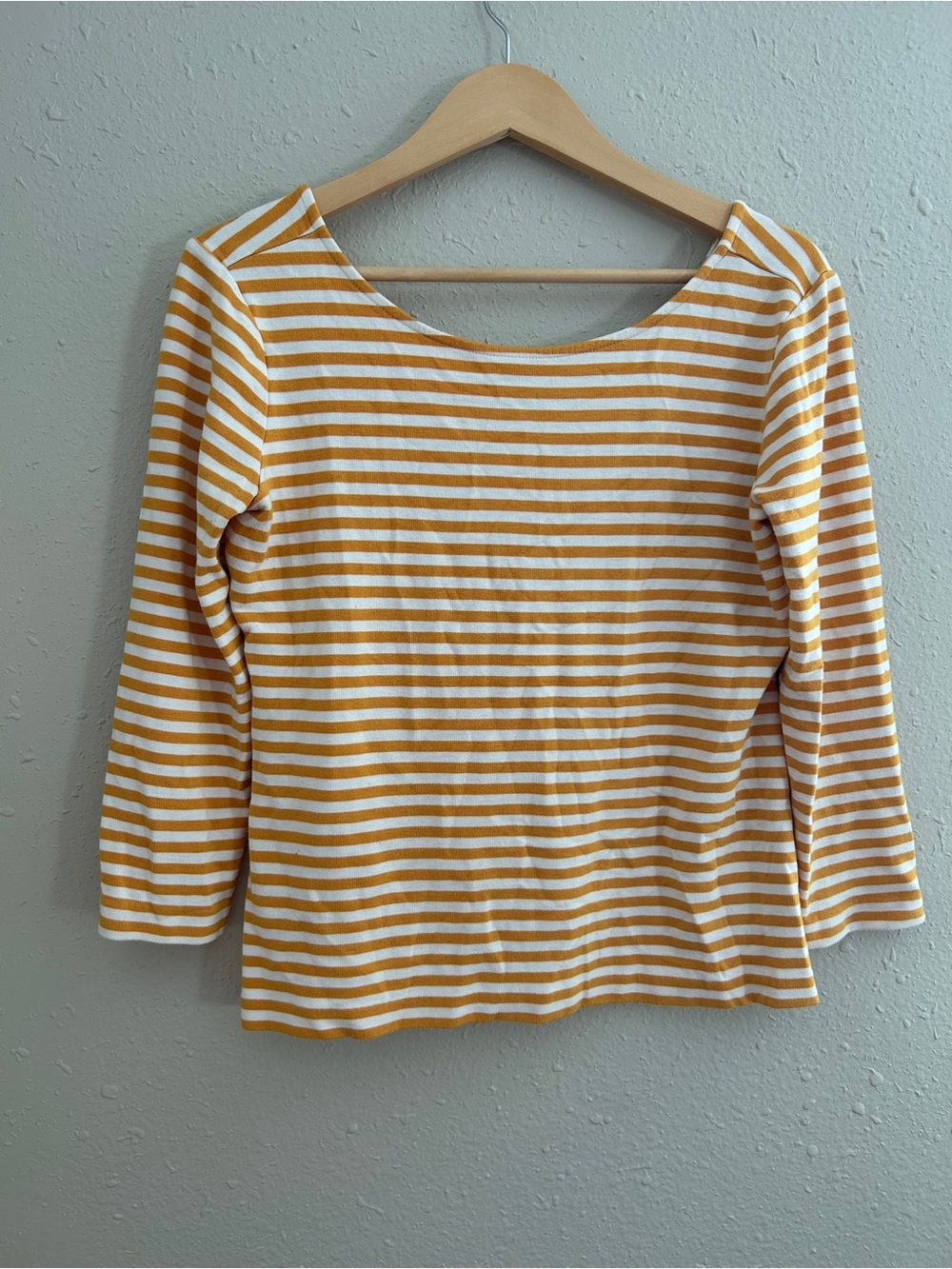Ann Taylor Yellow Mustard White Striped Long Sleeve Top Scoop Neck Fall Casual